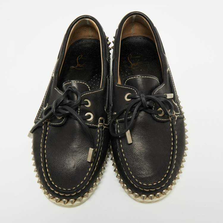Pre Owned Christian Louboutin Black Leather Steckel Boat Loafers Size 35.5