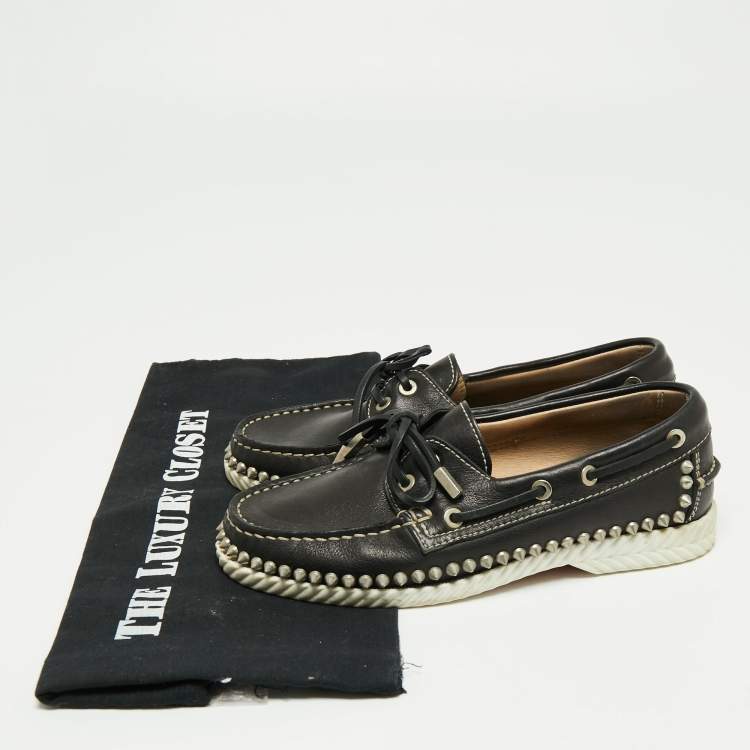 Pre Owned Christian Louboutin Black Leather Steckel Boat Loafers Size 35.5