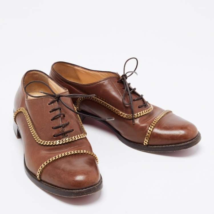 Pre Owned Christian Louboutin Brown Leather Chain Details Lace Up Oxford Size 39