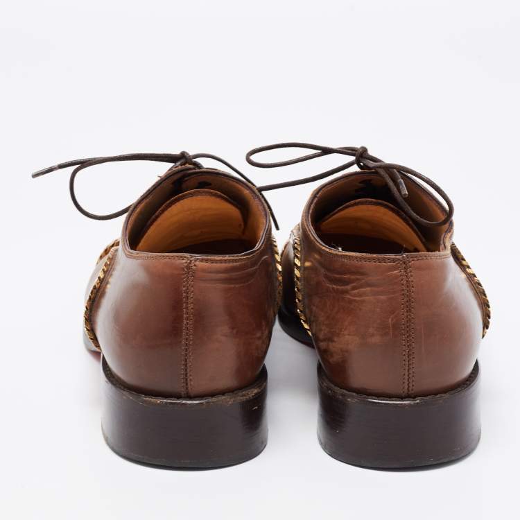 Pre Owned Christian Louboutin Brown Leather Chain Details Lace Up Oxford Size 39