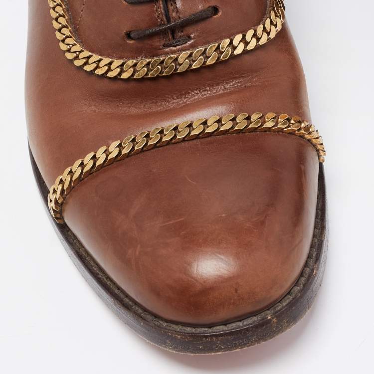 Pre Owned Christian Louboutin Brown Leather Chain Details Lace Up Oxford Size 39