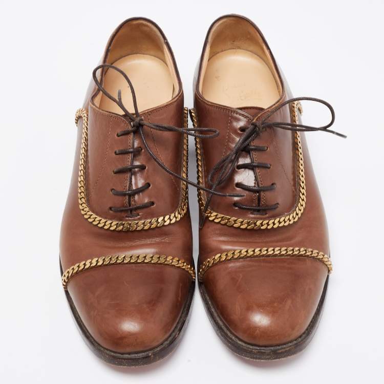 Pre Owned Christian Louboutin Brown Leather Chain Details Lace Up Oxford Size 39