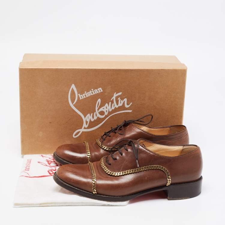 Pre Owned Christian Louboutin Brown Leather Chain Details Lace Up Oxford Size 39