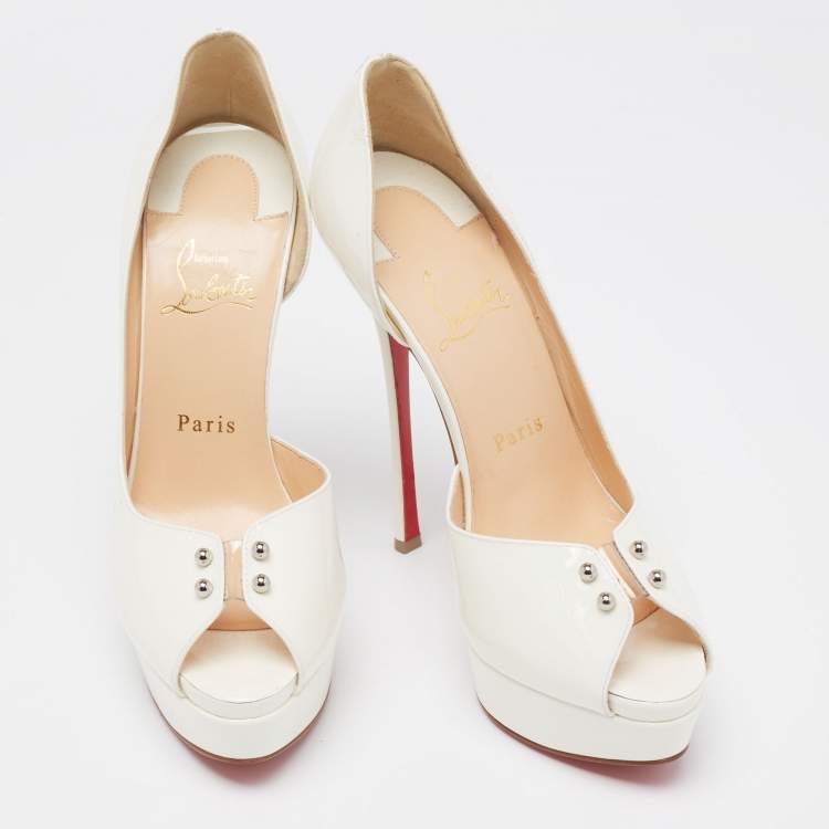 Pre Owned Christian Louboutin White Patent Leather Predupeep D'orsay Platform Pumps Size 38.5