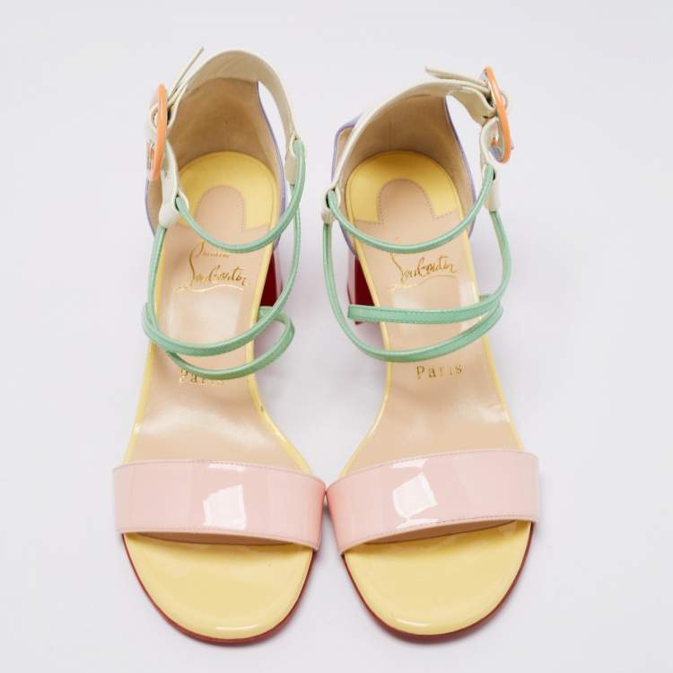 Pre Owned Christian Louboutin Multicolor Patent Leather Choca Block Heel Ankle Strap Sandals Size 37