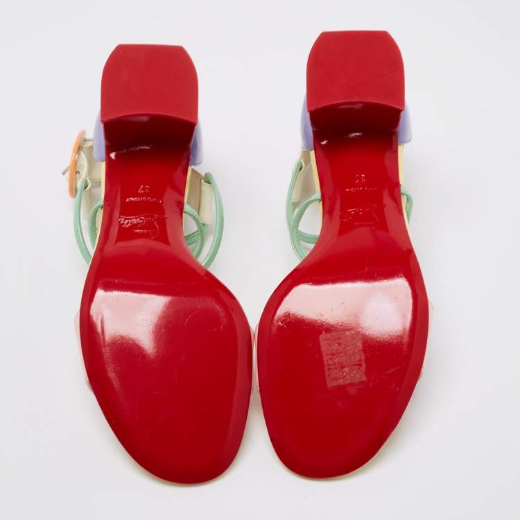 Pre Owned Christian Louboutin Multicolor Patent Leather Choca Block Heel Ankle Strap Sandals Size 37