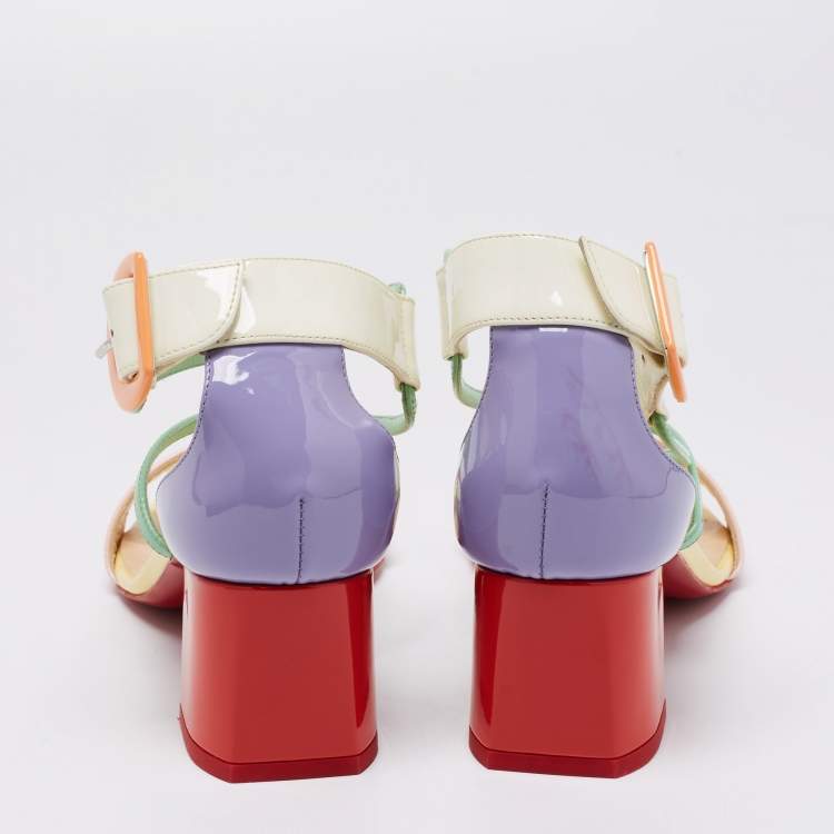 Pre Owned Christian Louboutin Multicolor Patent Leather Choca Block Heel Ankle Strap Sandals Size 37