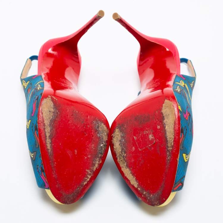 Pre Owned Christian Louboutin Multicolor Printed Fabric Peep Toe Slingback Sandals Size 39