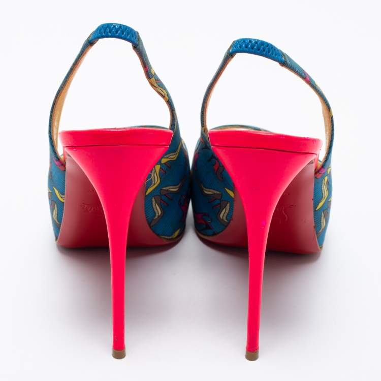 Pre Owned Christian Louboutin Multicolor Printed Fabric Peep Toe Slingback Sandals Size 39