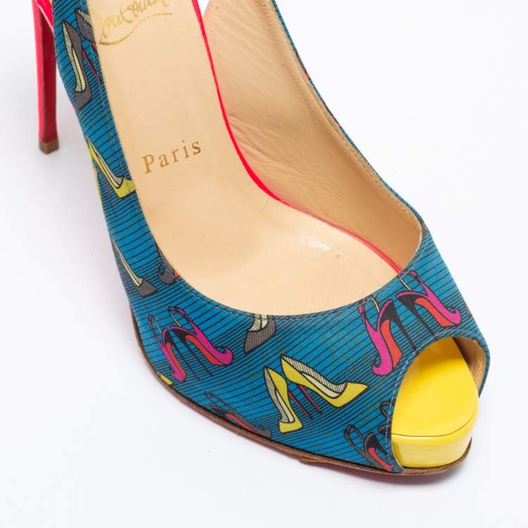 Pre Owned Christian Louboutin Multicolor Printed Fabric Peep Toe Slingback Sandals Size 39