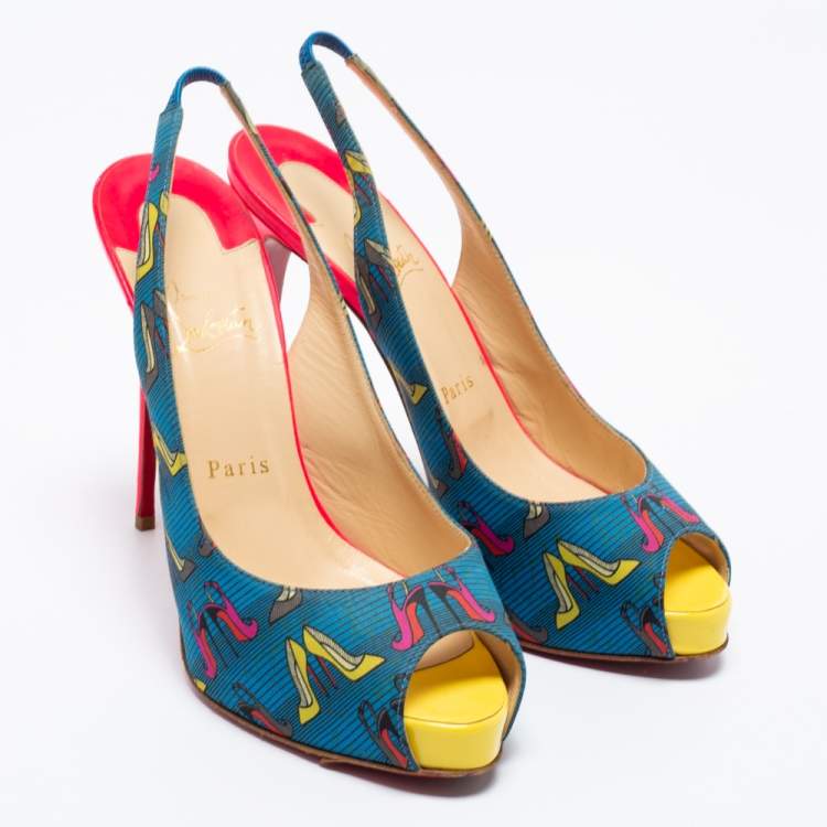 Pre Owned Christian Louboutin Multicolor Printed Fabric Peep Toe Slingback Sandals Size 39