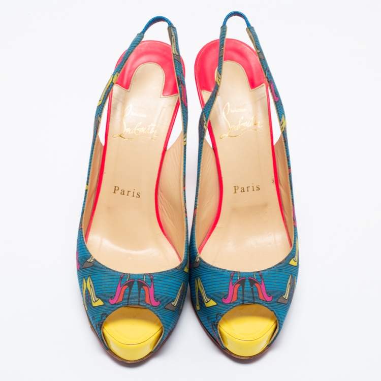 Pre Owned Christian Louboutin Multicolor Printed Fabric Peep Toe Slingback Sandals Size 39