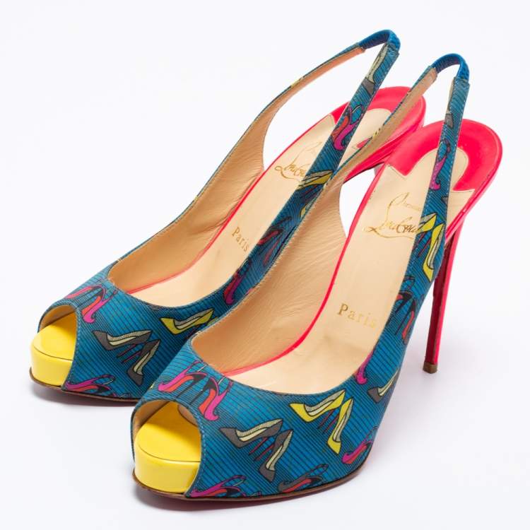 Pre Owned Christian Louboutin Multicolor Printed Fabric Peep Toe Slingback Sandals Size 39