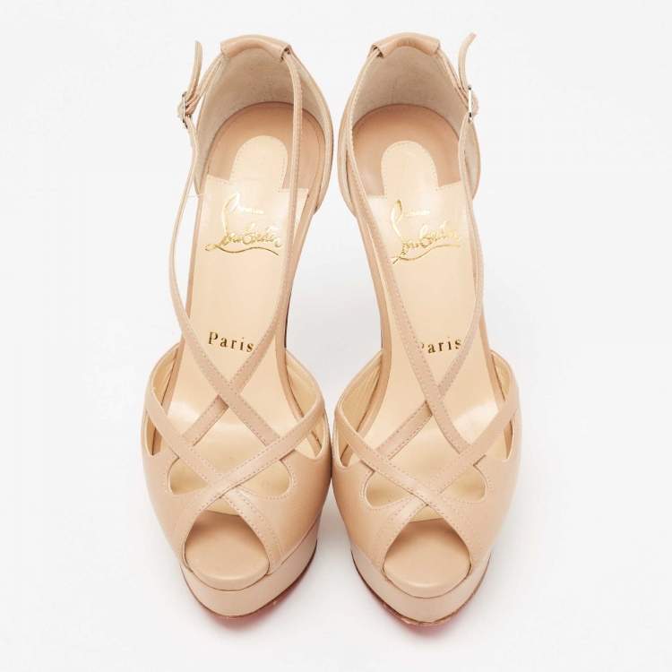 Pre Owned Christian Louboutin Beige Leather Strappy Platform Sandals Size 36.5