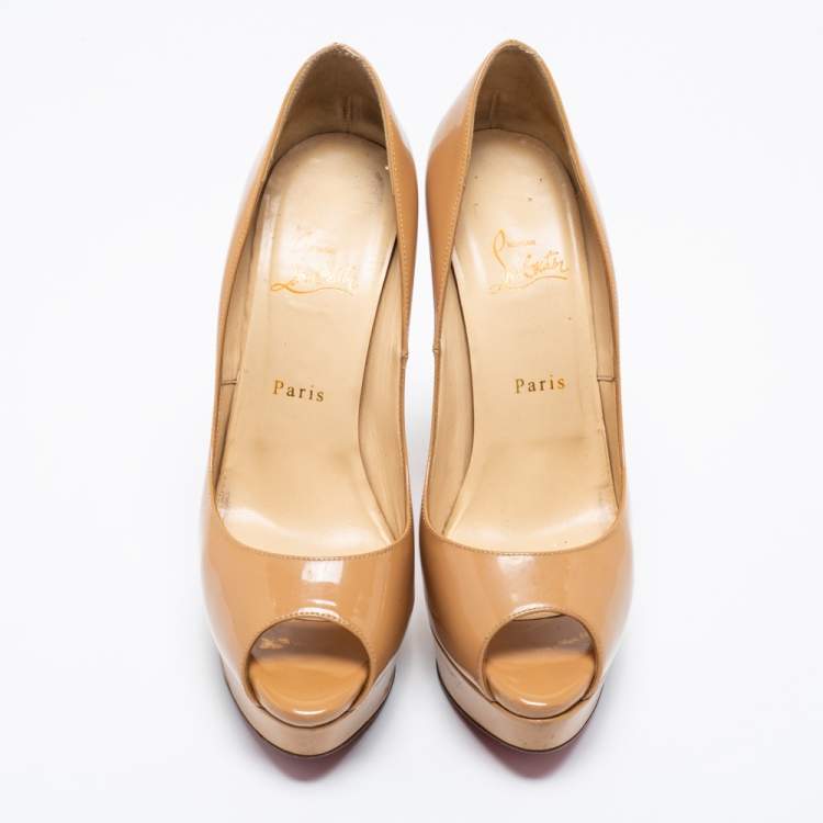 Pre Owned Christian Louboutin Beige Patent Leather Lady Peep Pumps Size 40.5