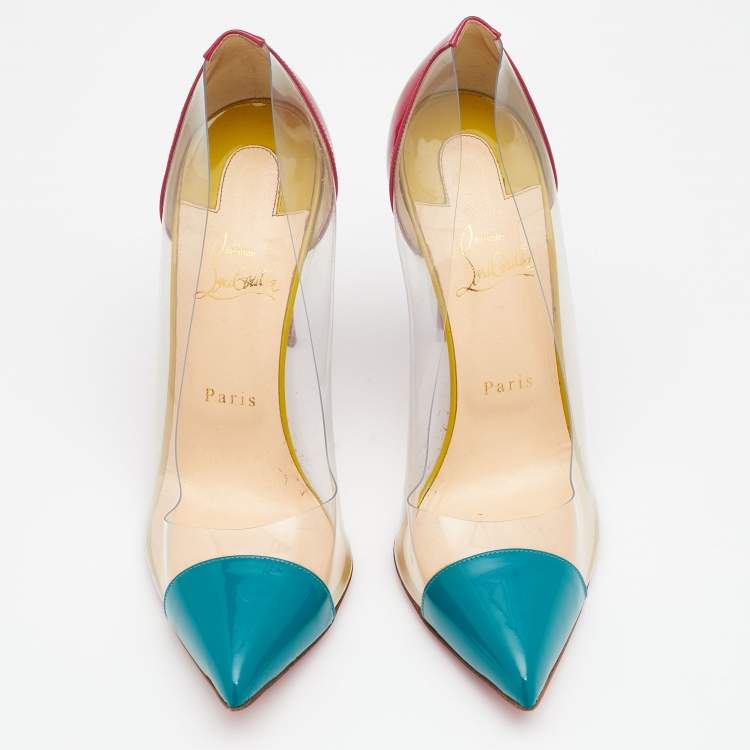 Pre Owned Christian Louboutin Pink/Teal Green Patent Leather And PVC Debout Pointed Toe Pumps Size 40