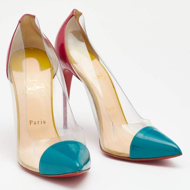 Pre Owned Christian Louboutin Pink/Teal Green Patent Leather And PVC Debout Pointed Toe Pumps Size 40