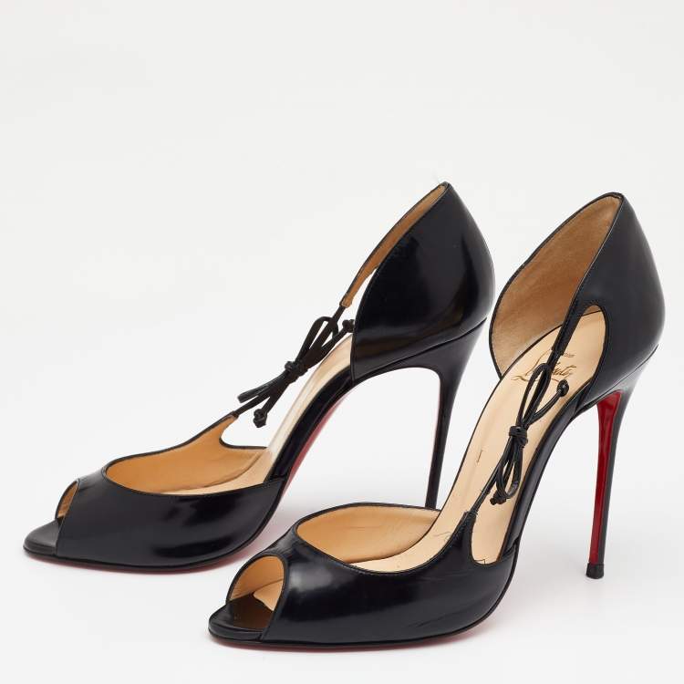 مملوكة مسبقًا Christian Louboutin Black Leather Bow Detail Peep Toe Pumps Size 39