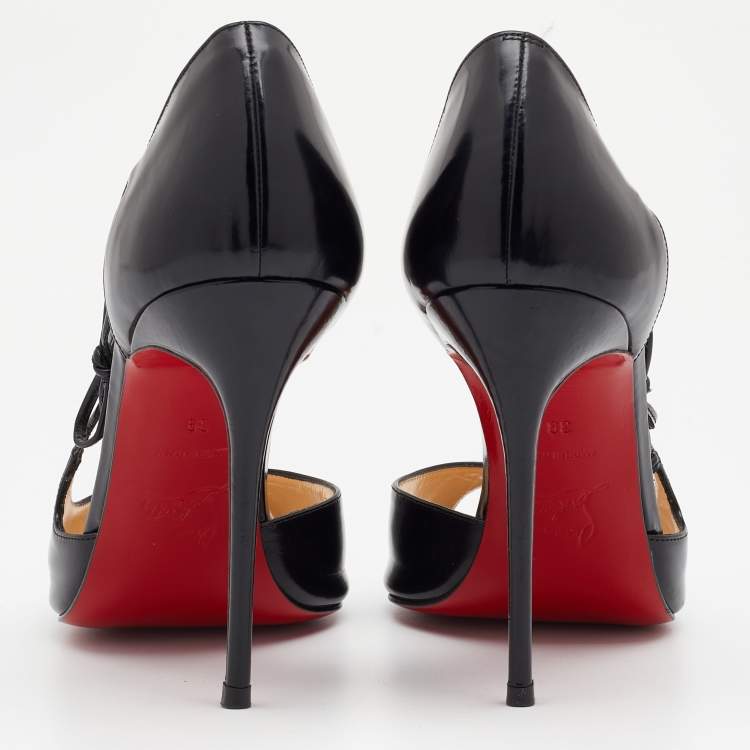 مملوكة مسبقًا Christian Louboutin Black Leather Bow Detail Peep Toe Pumps Size 39