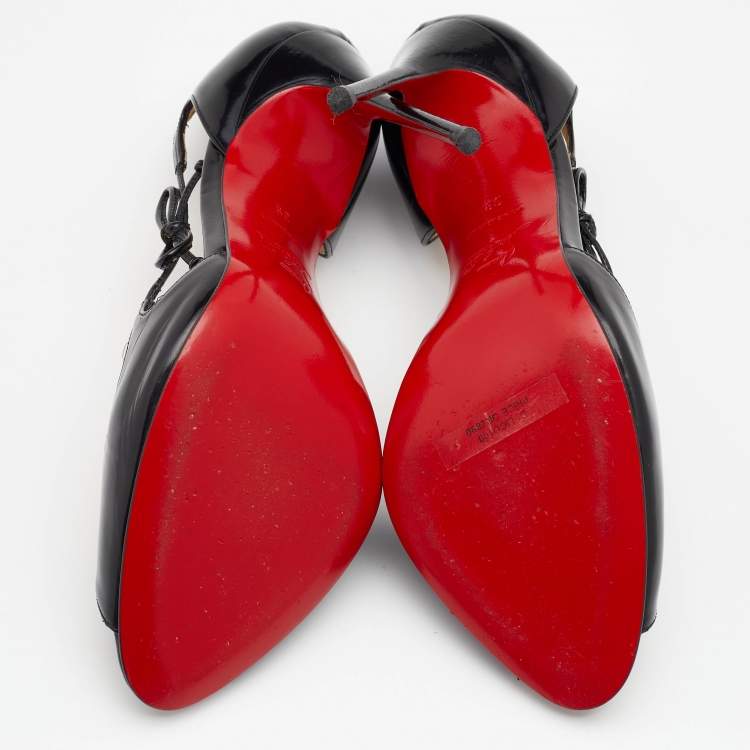 مملوكة مسبقًا Christian Louboutin Black Leather Bow Detail Peep Toe Pumps Size 39