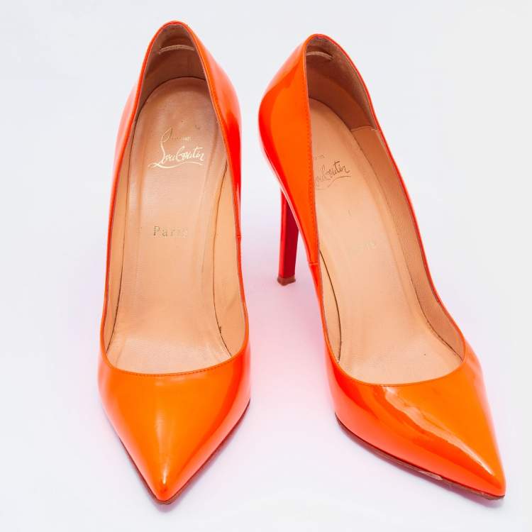 Pre Owned Christian Louboutin Neon Orange Patent Leather Pigalle Pointed Toe Pumps Size 40.5