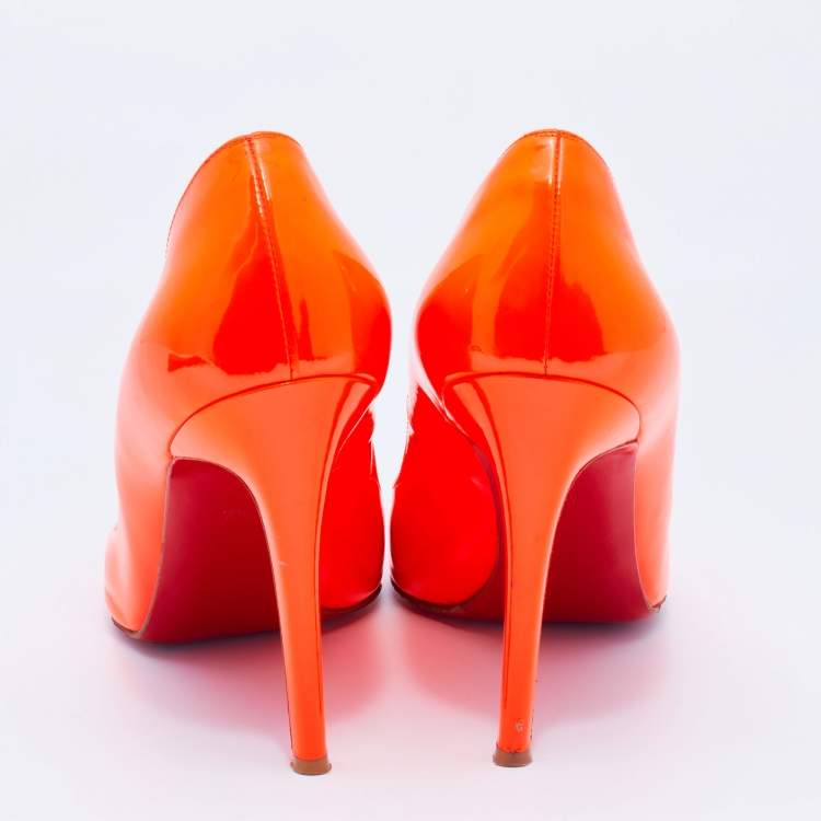 Pre Owned Christian Louboutin Neon Orange Patent Leather Pigalle Pointed Toe Pumps Size 40.5