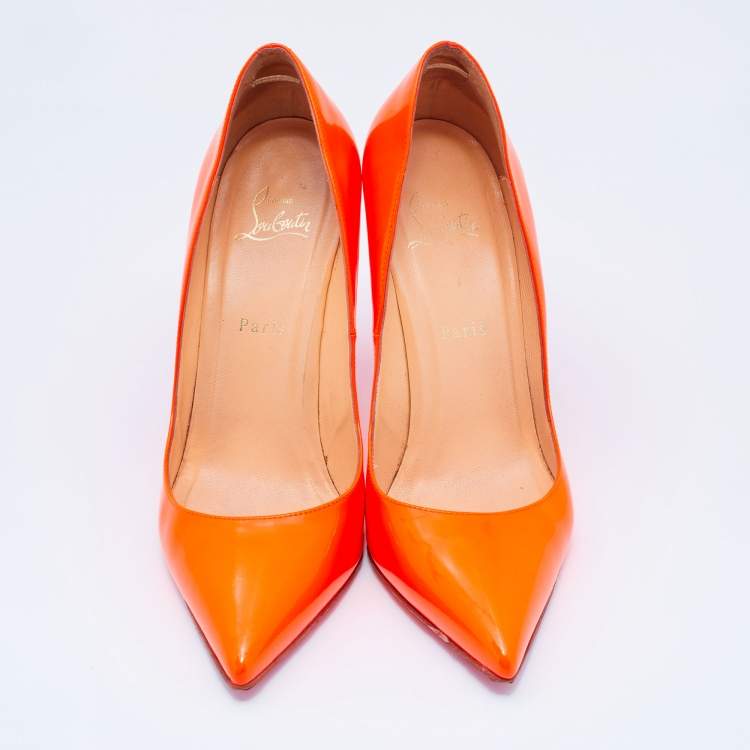Pre Owned Christian Louboutin Neon Orange Patent Leather Pigalle Pointed Toe Pumps Size 40.5