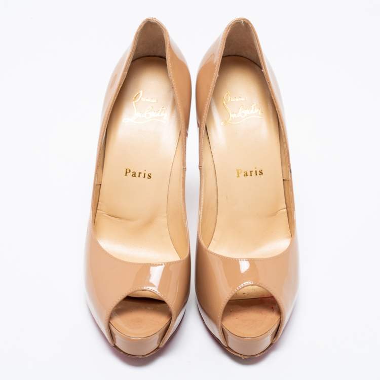 Pre Owned Christian Louboutin Beige Patent Leather Very Prive Peep Toe Pumps Size 37.5