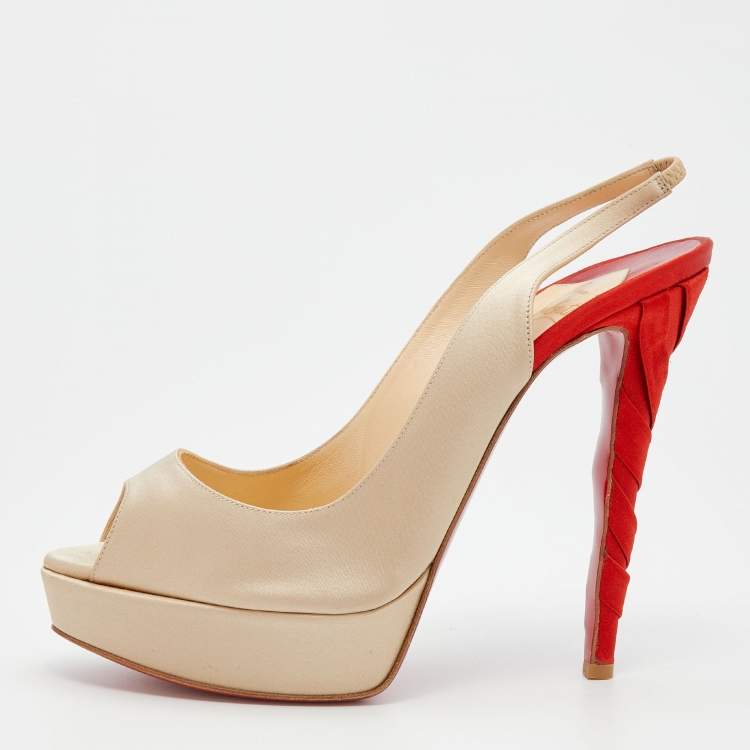 Pre Owned Christian Louboutin Beige Satin Plisseta Peep Toe Platform Sandals Size 41