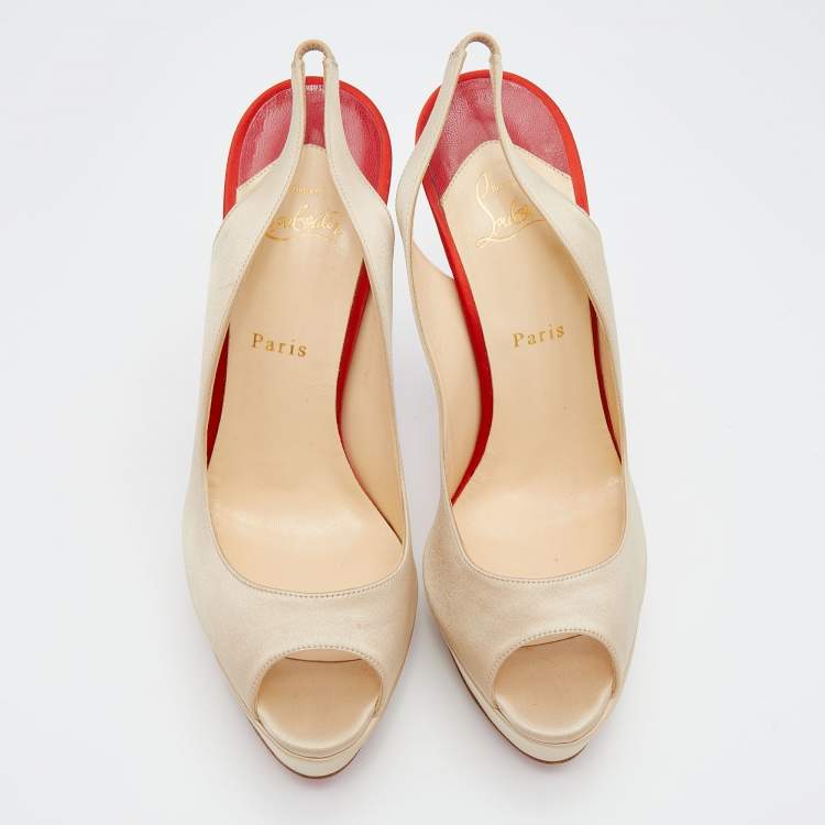 Pre Owned Christian Louboutin Beige Satin Plisseta Peep Toe Platform Sandals Size 41