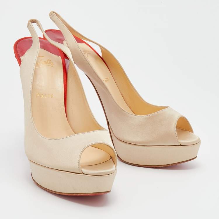 Pre Owned Christian Louboutin Beige Satin Plisseta Peep Toe Platform Sandals Size 41