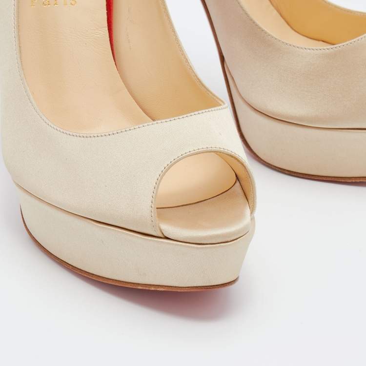 Pre Owned Christian Louboutin Beige Satin Plisseta Peep Toe Platform Sandals Size 41