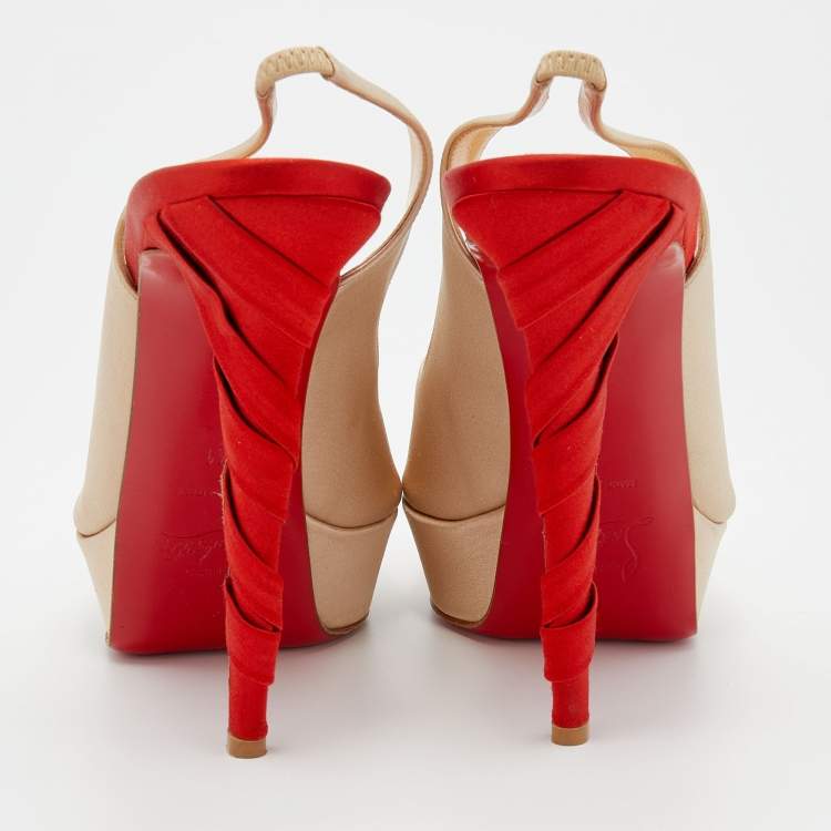 Pre Owned Christian Louboutin Beige Satin Plisseta Peep Toe Platform Sandals Size 41