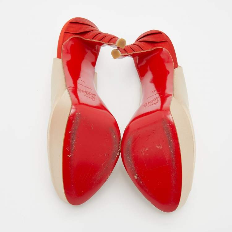 Pre Owned Christian Louboutin Beige Satin Plisseta Peep Toe Platform Sandals Size 41