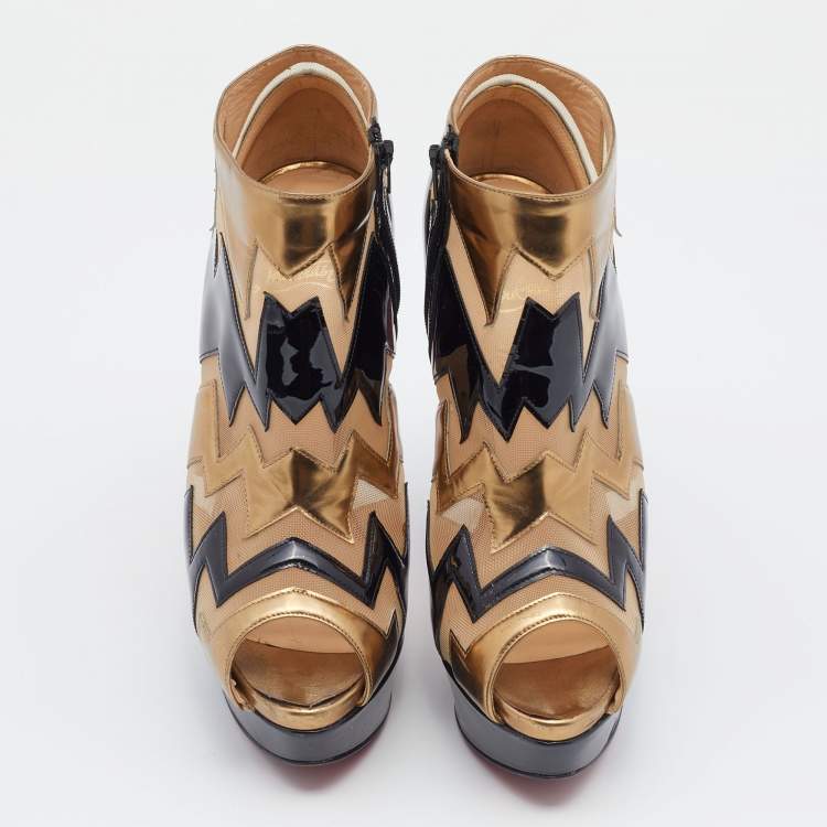 Pre Owned Christian Louboutin Multicolor Patent Leather And Mesh Peep toe Booties Size 38.5