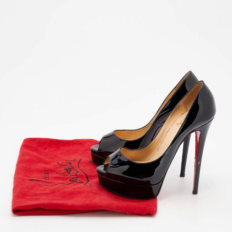 Pre Owned Christian Louboutin Black Patent Leather Lady Peep Toe Platform Pumps Size 38.5