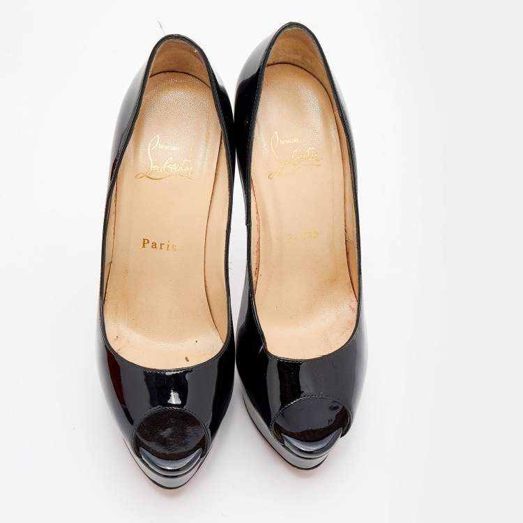 Pre Owned Christian Louboutin Black Patent Leather Lady Peep Toe Platform Pumps Size 38.5