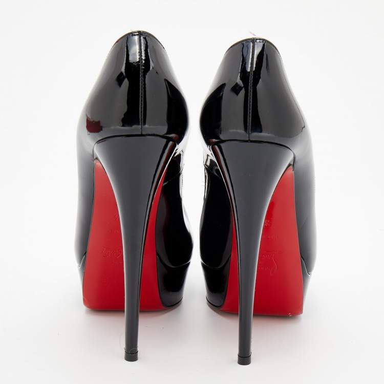 Pre Owned Christian Louboutin Black Patent Leather Lady Peep Toe Platform Pumps Size 38.5