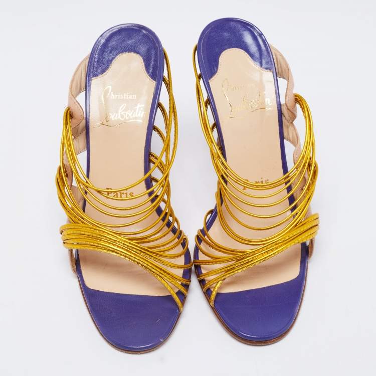 Pre Owned Christian Louboutin Metallic Gold/Beige Leather Strappy Frescobaldi Sandals Size 36