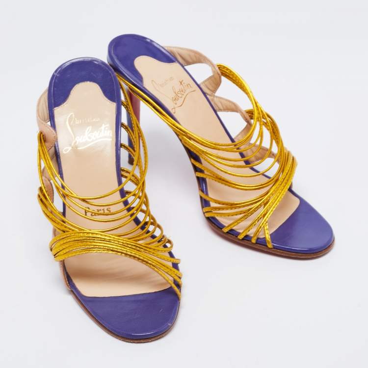 Pre Owned Christian Louboutin Metallic Gold/Beige Leather Strappy Frescobaldi Sandals Size 36