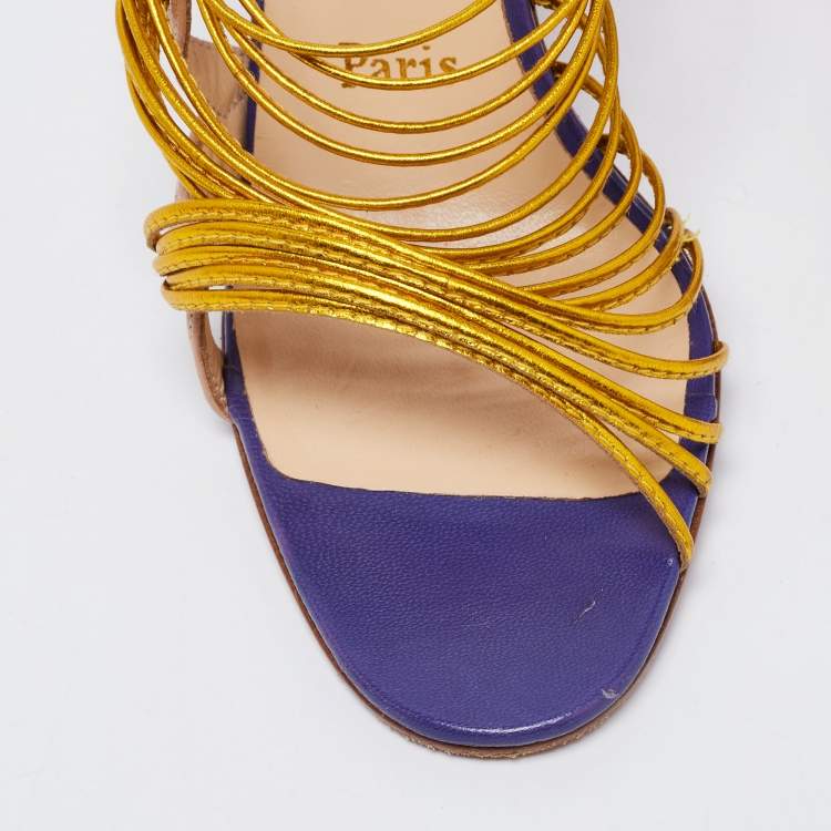 Pre Owned Christian Louboutin Metallic Gold/Beige Leather Strappy Frescobaldi Sandals Size 36