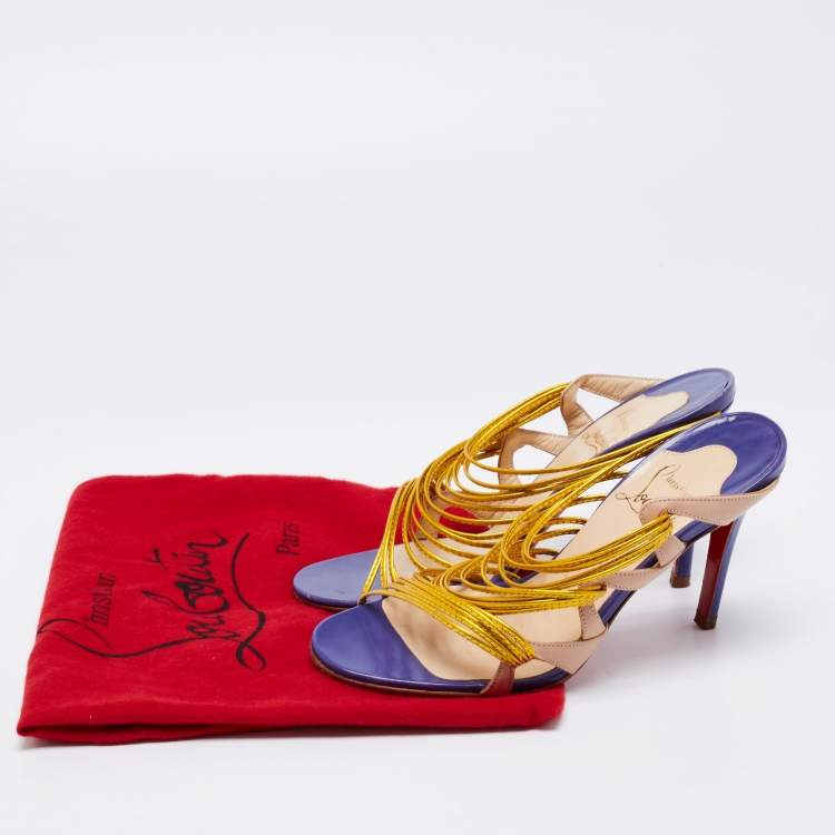 Pre Owned Christian Louboutin Metallic Gold/Beige Leather Strappy Frescobaldi Sandals Size 36
