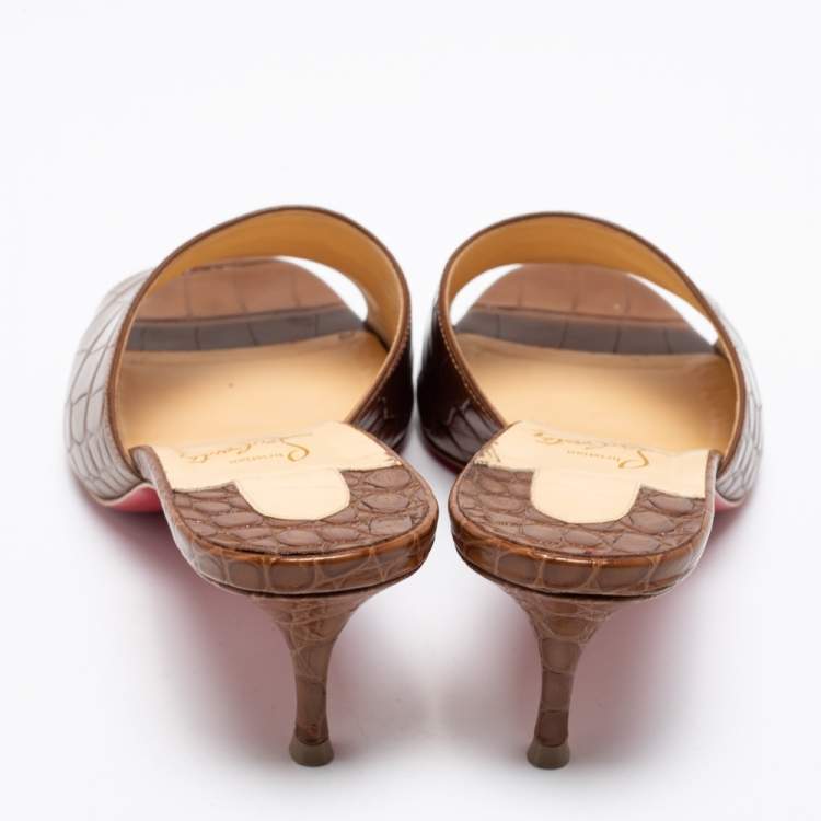 Pre Owned Christian Louboutin Brown Croc Embossed Leather East Open Toe Slide Sandals Size 38.5