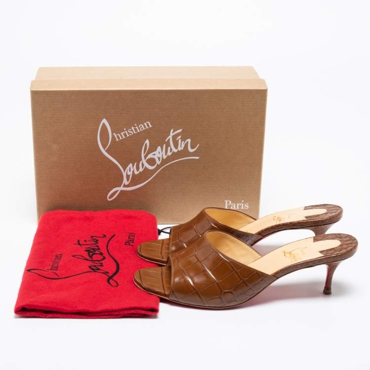 Pre Owned Christian Louboutin Brown Croc Embossed Leather East Open Toe Slide Sandals Size 38.5