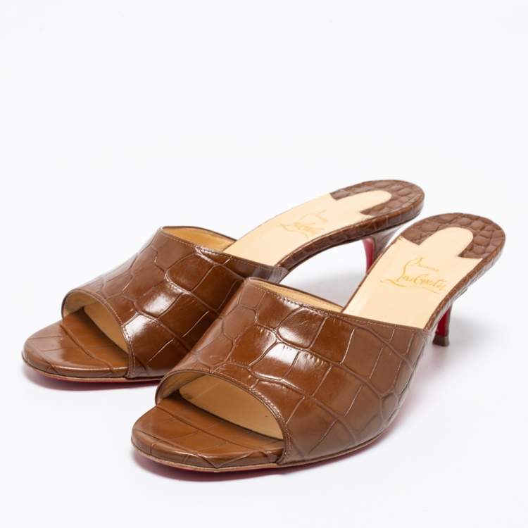 Pre Owned Christian Louboutin Brown Croc Embossed Leather East Open Toe Slide Sandals Size 38.5