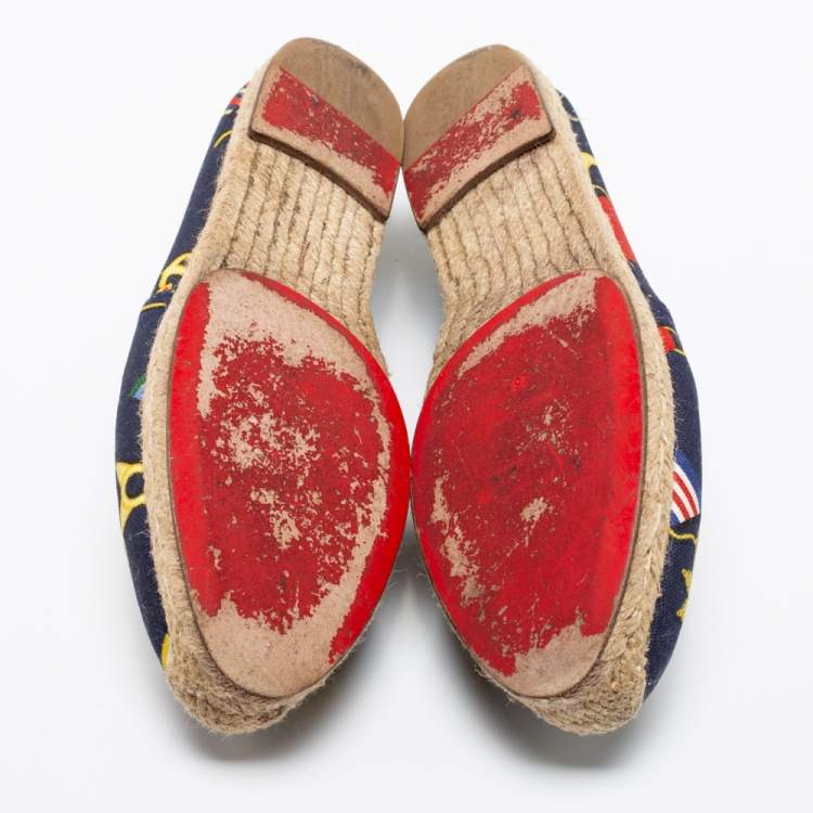 Pre Owned Christian Louboutin Navy Blue Canvas Gala Embroidered Crest Espadrille Loafers Size 38