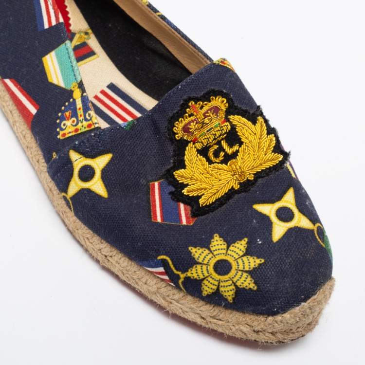 Pre Owned Christian Louboutin Navy Blue Canvas Gala Embroidered Crest Espadrille Loafers Size 38