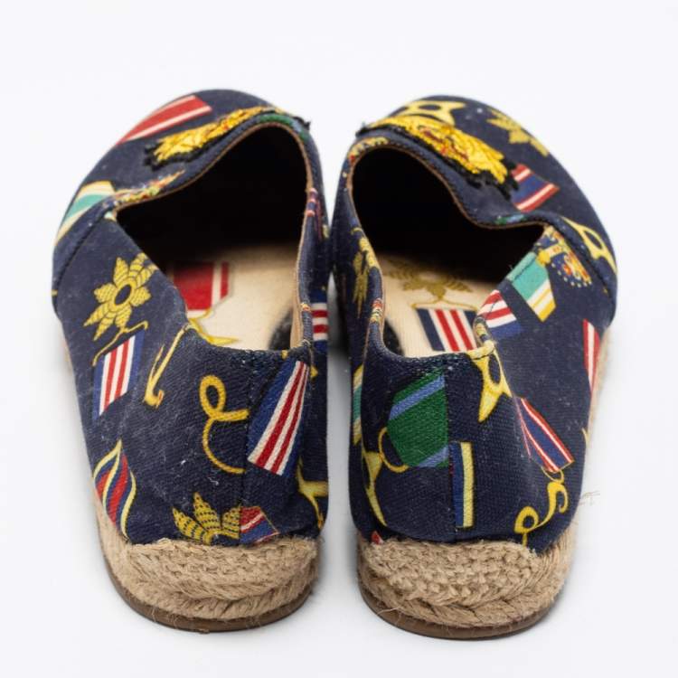 Pre Owned Christian Louboutin Navy Blue Canvas Gala Embroidered Crest Espadrille Loafers Size 38