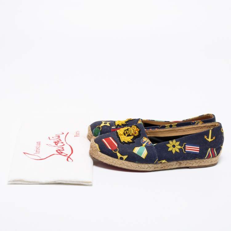Pre Owned Christian Louboutin Navy Blue Canvas Gala Embroidered Crest Espadrille Loafers Size 38