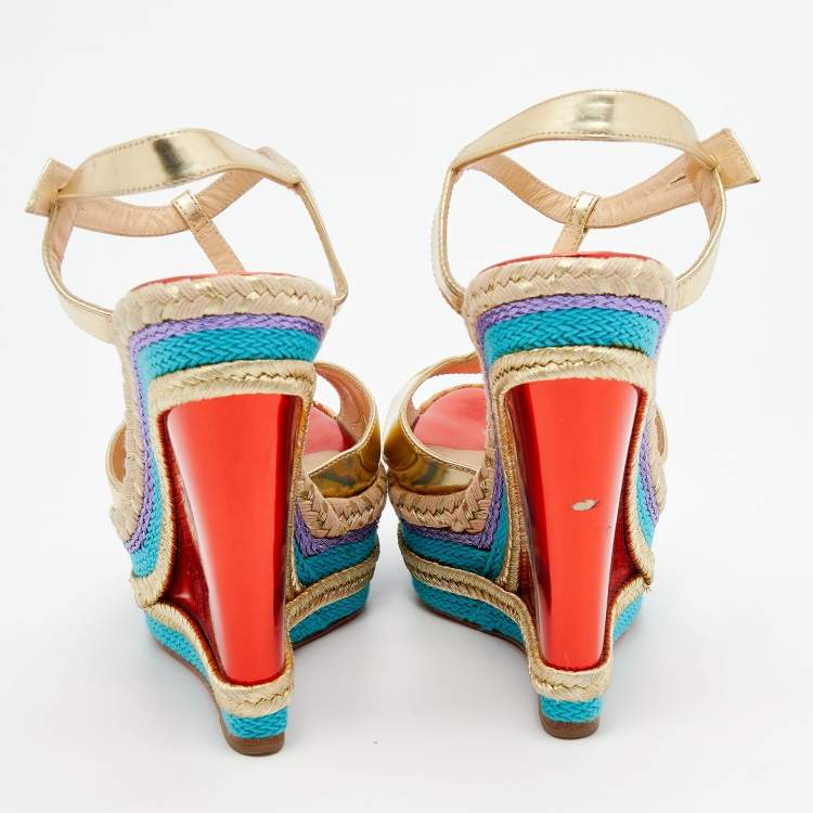 Pre Owned Christian Louboutin Metallic Gold Leather Trotolita Wedge Ankle Strap Sandals Size 40